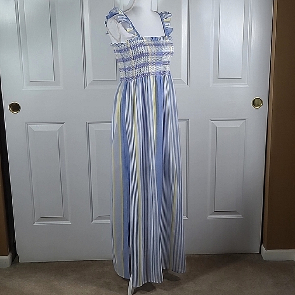 NWT Cotton Maxi Dress Sundress w/ Ruffle Straps Striped Blue Yellow & White - Picture 9 of 17